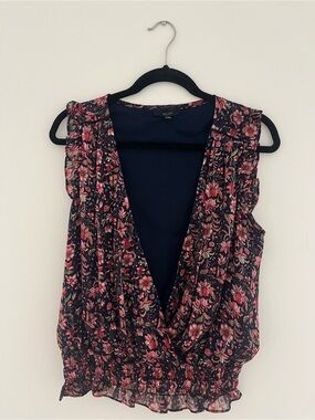 ECLAÏR Black Floral Sleeveless Surplice Blouse with Pink Print